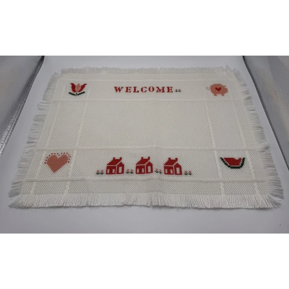 Cottage Farmhouse Cross Stitch Placemats Set of 3 White w/Pink Accents 17x12